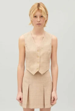 Best Beige Checked Suit Waistcoat Women Blazers