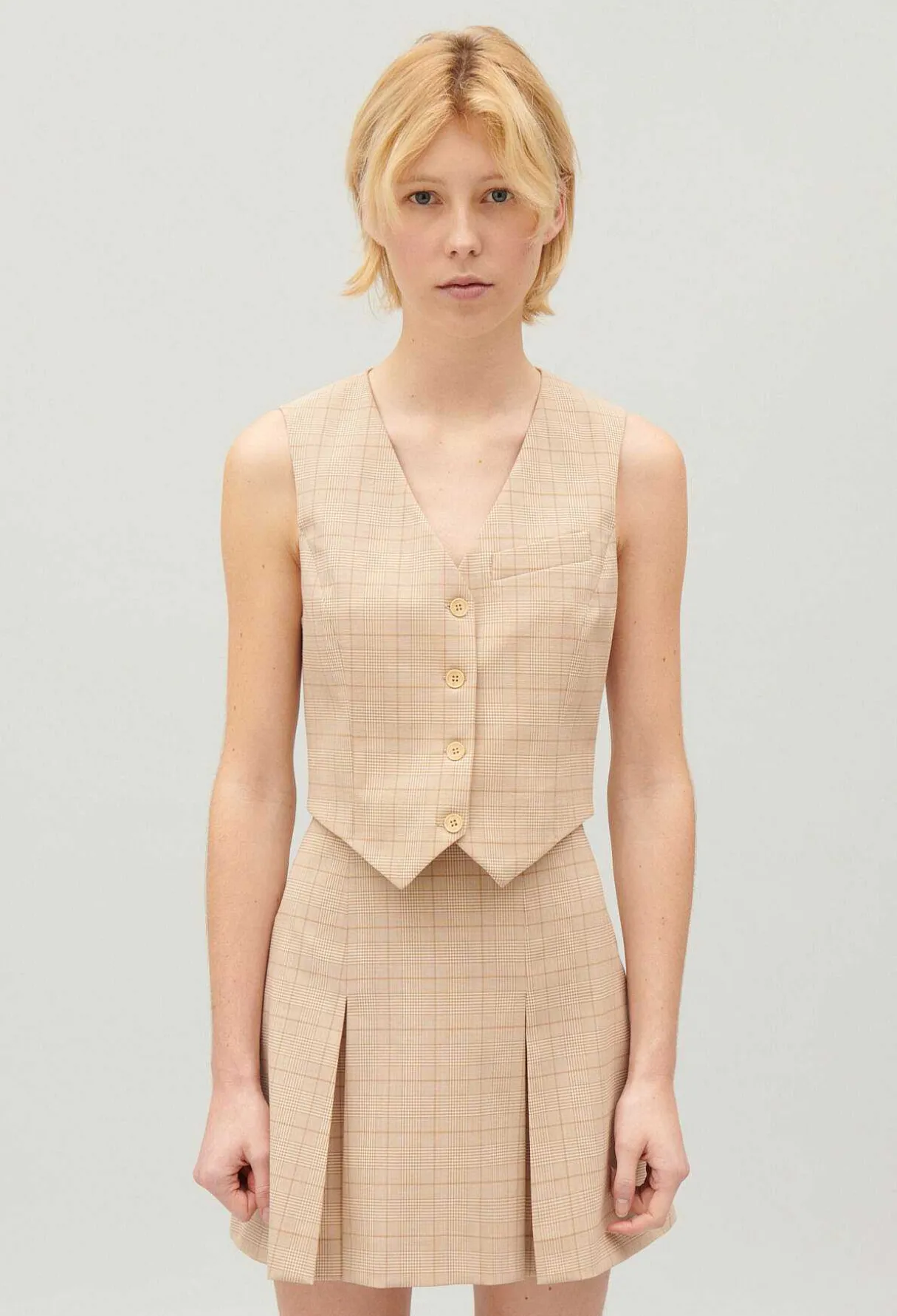 Best Beige Checked Suit Waistcoat Women Blazers