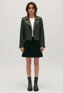 Outlet Black Grained Leather Jacket Women Jackets And Coats