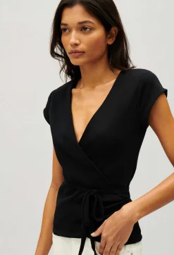 Flash Sale Black Wrapover Top Women Tops And Shirts