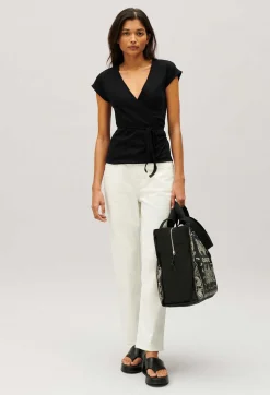 Flash Sale Black Wrapover Top Women Tops And Shirts