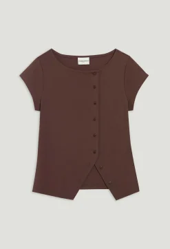 Best Sale Brown Asymmetric Button-Up Top Women T-Shirts