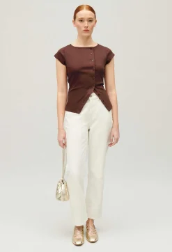 Best Sale Brown Asymmetric Button-Up Top Women T-Shirts
