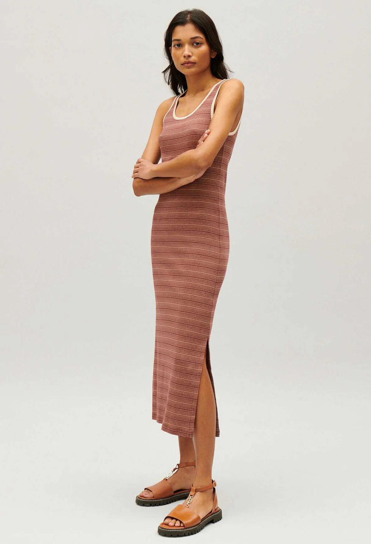 Sale Brown Stripy Knit Maxi Dress Women Dresses