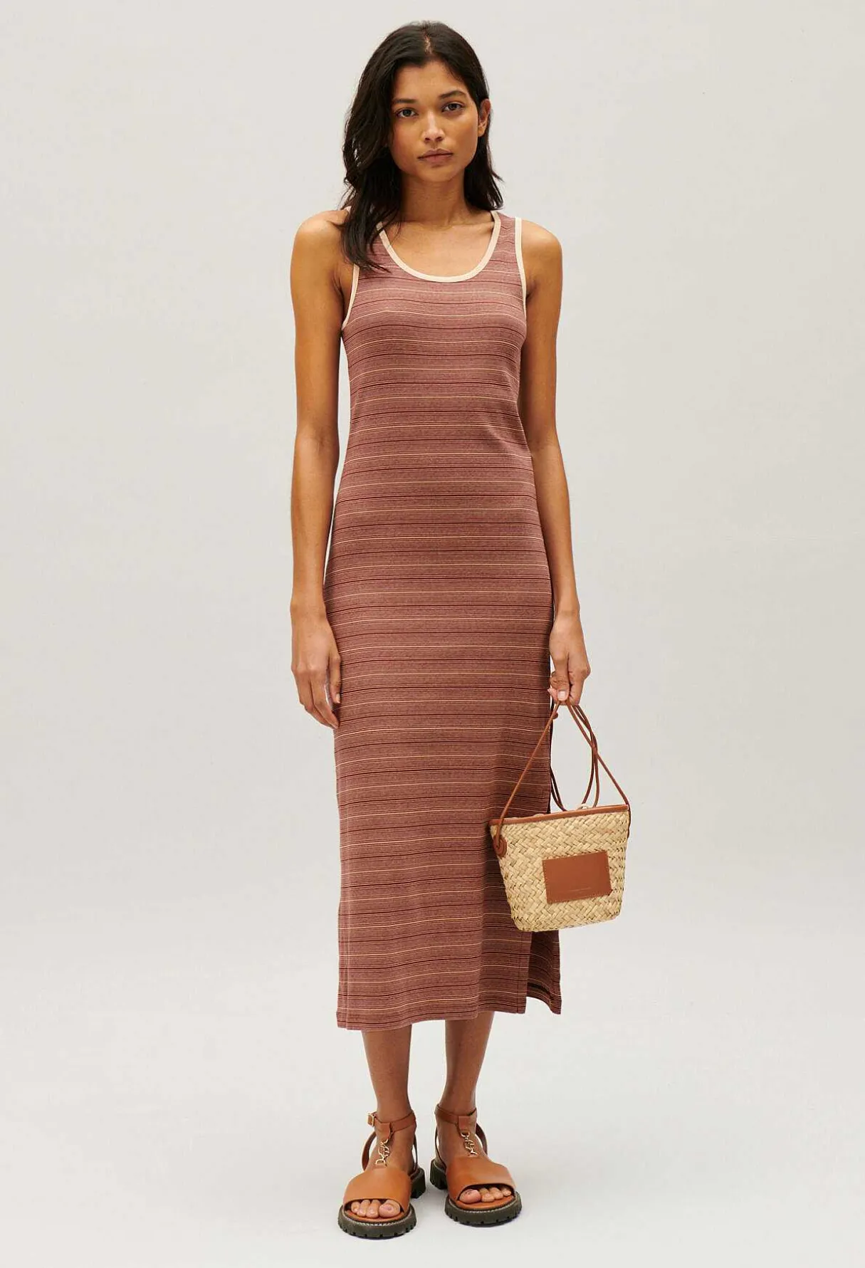 Sale Brown Stripy Knit Maxi Dress Women Dresses