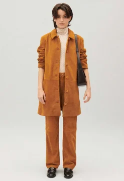 Hot Dark Beige Straight Suede Leather Coat Women Jackets And Coats