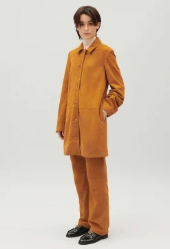 Hot Dark Beige Straight Suede Leather Coat Women Jackets And Coats