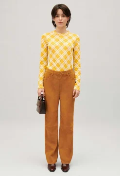 Store Dark Beige Suede Leather Trousers Women Jeans And Trousers