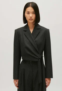 Clearance Flecked Grey Cropped Suit Jacket Women Blazers