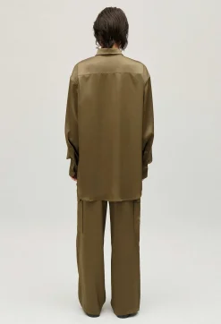 New Loose-Fit Khaki Satin-Effect Shirt Women Tops And Shirts