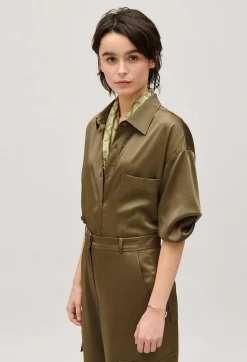 New Loose-Fit Khaki Satin-Effect Shirt Women Tops And Shirts
