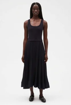 Hot Navy Blue Long Pleated Dress Women Dresses