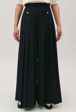 Best Sale Navy Blue Loose-Fit Creased Trousers Women Jeans And Trousers