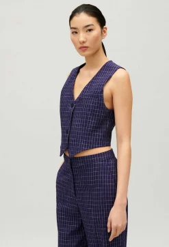 Cheap Navy Checked Suit Waistcoat Women Blazers
