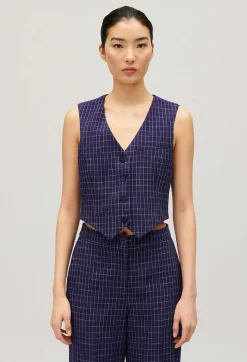 Cheap Navy Checked Suit Waistcoat Women Blazers
