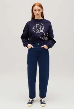 Online Navy Sweatshirt With Flower Embroidery Women Sweaters And Cardigans