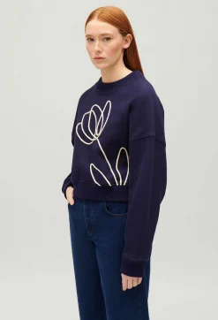 Online Navy Sweatshirt With Flower Embroidery Women Sweaters And Cardigans