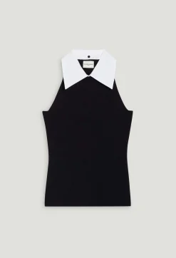 Online Navy Vest Top With Shirt Collar Women Tops And Shirts