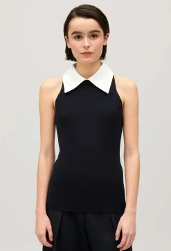 Online Navy Vest Top With Shirt Collar Women Tops And Shirts
