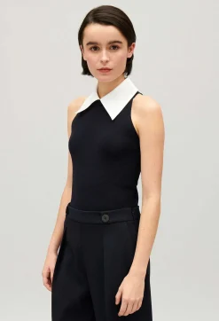 Online Navy Vest Top With Shirt Collar Women Tops And Shirts