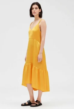 Clearance Satiny Yellow Midi Dress Women Dresses