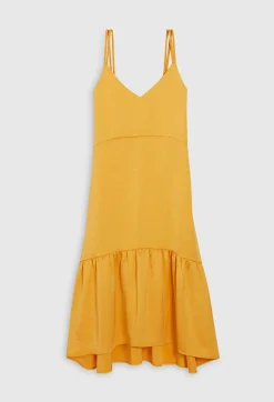 Clearance Satiny Yellow Midi Dress Women Dresses