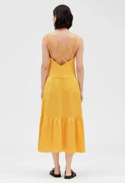 Clearance Satiny Yellow Midi Dress Women Dresses
