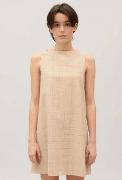 Clearance Short Beige Checked Dress Women Dresses