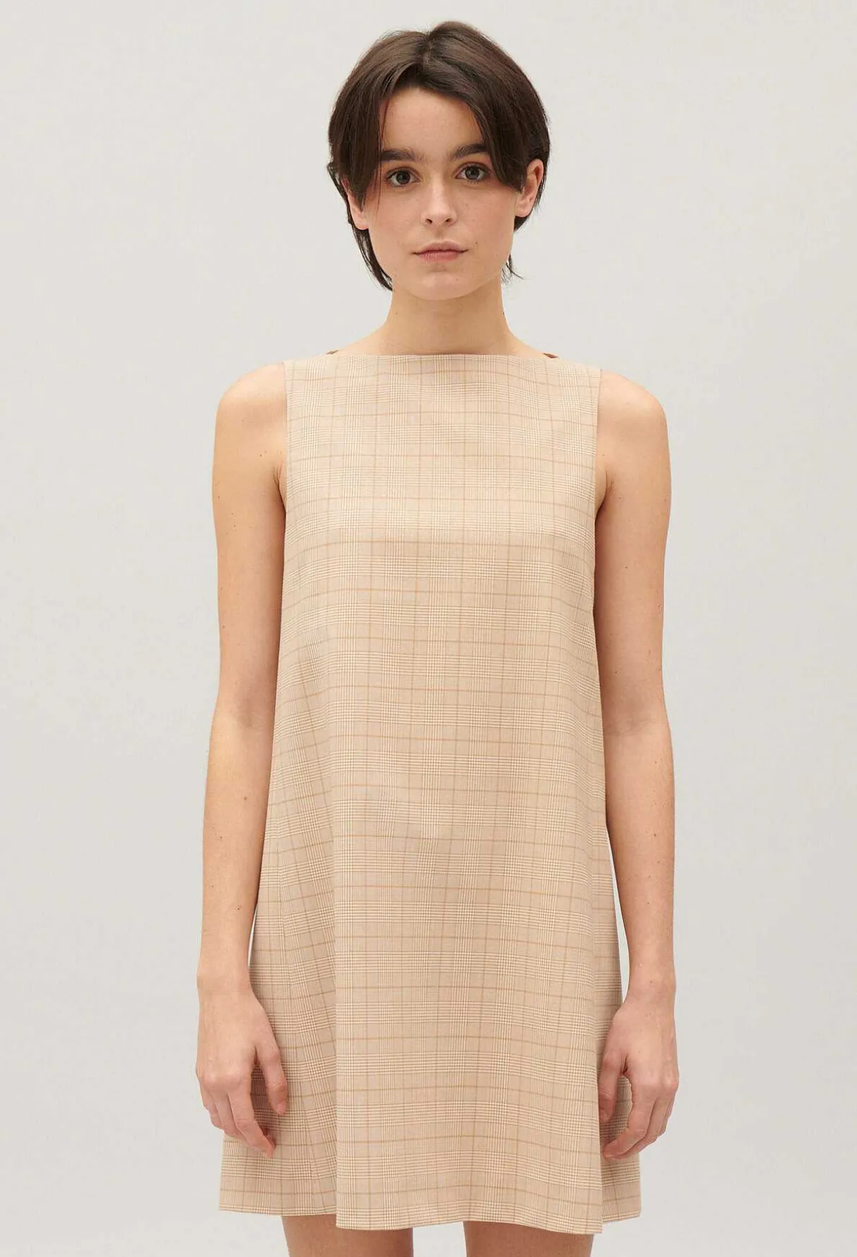 Clearance Short Beige Checked Dress Women Dresses
