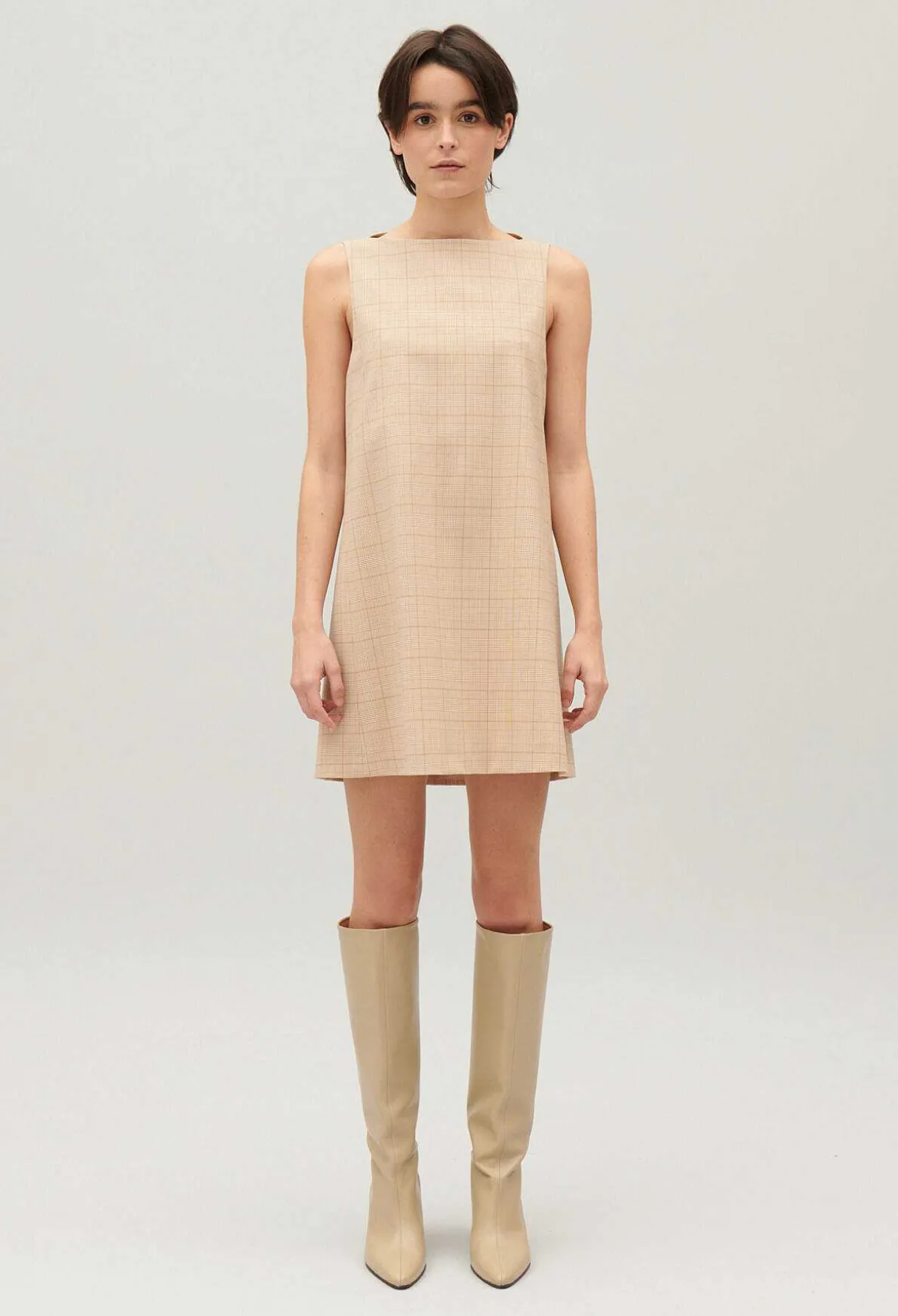 Clearance Short Beige Checked Dress Women Dresses
