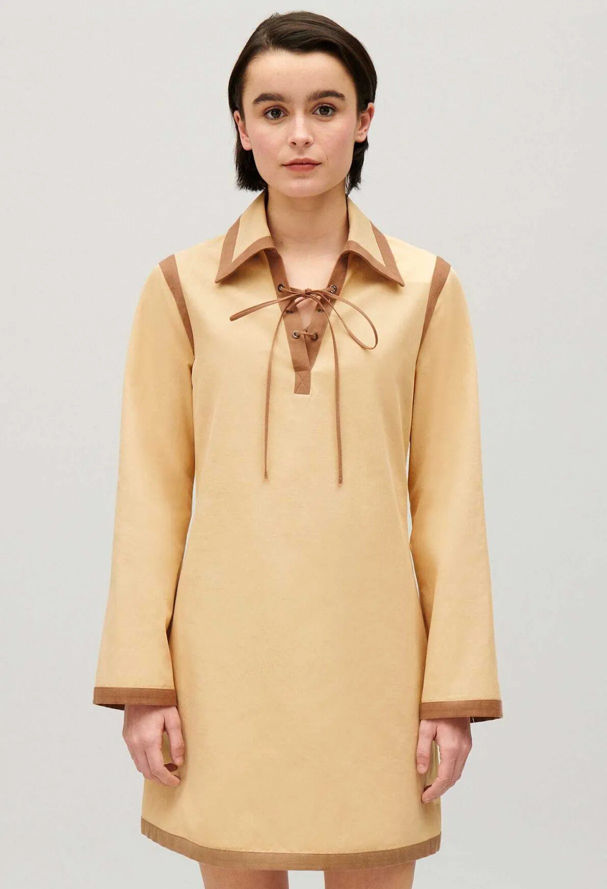 Shop Short Beige Lace-Up Dress Women Dresses