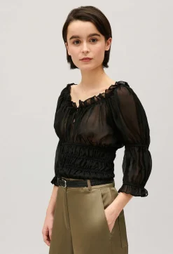 Cheap Short Black Ruffled Blouse Women Tops And Shirts