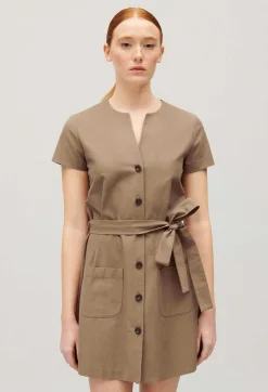Outlet Short Brown Button-Up Dress Women Dresses