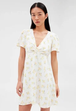 Sale Short Flared Dress With Mimosa Pattern Women Dresses