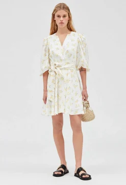 Discount Short Wraparound Dress Mimosa Pattern Women Dresses