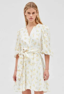 Discount Short Wraparound Dress Mimosa Pattern Women Dresses