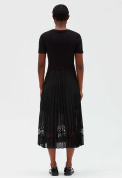 Fashion Twist Black Bi-Material Midi Dress Women Dresses