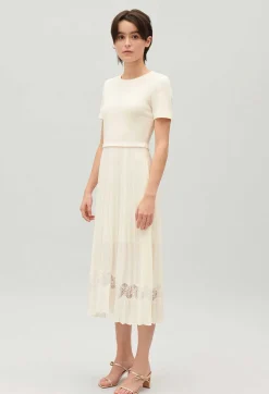 Cheap Twist Ivory Bi-Material Midi Dress Women Dresses