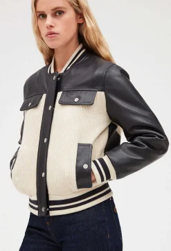 New Two Tone Leather And Knit Jacket Women Jackets And Coats