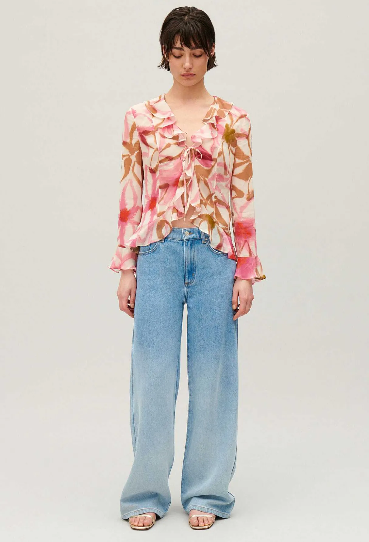 Fashion Watercolour Print Silk Blouse Women Tops And Shirts