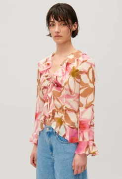 Fashion Watercolour Print Silk Blouse Women Tops And Shirts