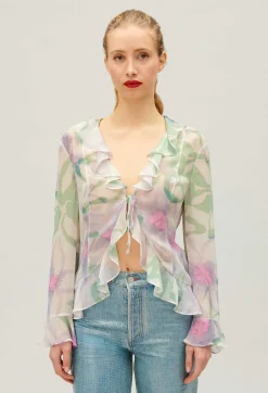 Hot Watercolour Print Silk Blouse Women Tops And Shirts