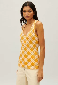 Cheap Yellow Checked Vest Top Women Tops And Shirts